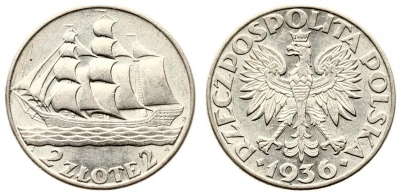 Poland 2 Zlote 1936(w) 15th Anniversary of Gdynia Seaport. Averse: Crowned eagle...