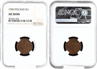 Poland 5 Groszy 1936(w) Averse: Crowned eagle with wings open. Reverse: Stylized value. Bronze. Y 10a. NGC AU 58 BN