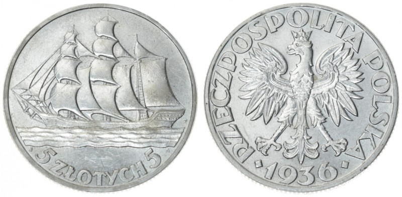 Poland 5 Zlotych 1936(w) 15th Anniversary of Gdynia Seaport. Averse: Crowned eag...