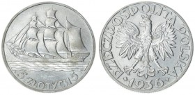 Poland 5 Zlotych 1936(w) 15th Anniversary of Gdynia Seaport. Averse: Crowned eagle with wings open. Reverse: Sailing ship. Edge Description: Reeded. S...