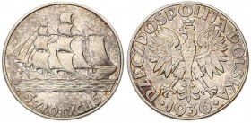 Poland 5 Zlotych 1936(w) 15th Anniversary of Gdynia Seaport. Averse: Crowned eagle with wings open. Reverse: Sailing ship. Silver. Old Nice Patina. Y ...