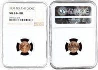 Poland 1 Grosz 1937(w) Averse: Crowned eagle with wings open. Reverse: Stylized value. Bronze. Y 8a. NGC MS 64+RD