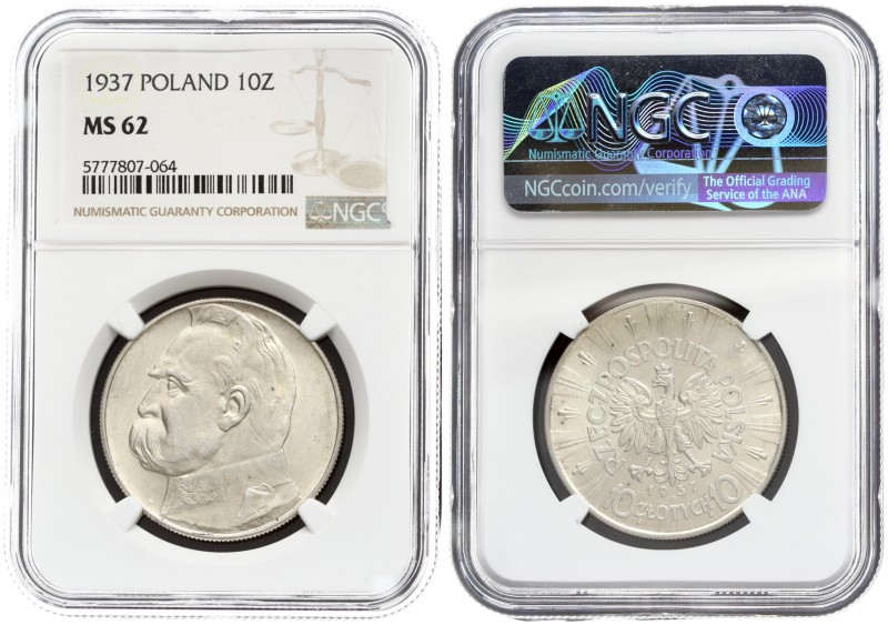 Poland 10 ZLotych 1937(w) Averse: Eagle with wings open with no symbols below. R...
