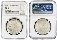 Poland 10 ZLotych 1937(w) Averse: Eagle with wings open with no symbols below. Reverse: Head of Jozef Pilsudski left. Edge Description: Reeded. Silver...
