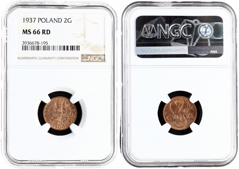 Poland 2 Grosze 1937(w) Averse: Crowned eagle with wings open. Reverse: Stylized...