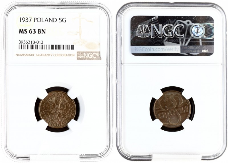 Poland 5 Groszy 1937(w) Averse: Crowned eagle with wings open. Reverse: Stylized...