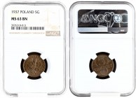 Poland 5 Groszy 1937(w) Averse: Crowned eagle with wings open. Reverse: Stylized value. Bronze. Y 10a. NGC MS 63 BN
