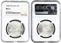 Poland 10 Zlotych 1938 (w) Averse: Eagle with wings open with no symbols below. Reverse: Head of Jozef Pilsudski left. Edge Description: Reeded. Y 29....