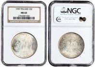 Poland 10 Zlotych 1939 (w) Averse: Eagle with wings open with no symbols below. Reverse: Head of Jozef Pilsudski left. Edge Description: Reeded. Y 29....