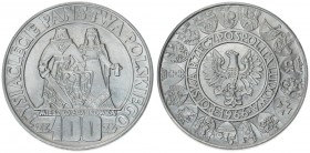 Poland 100 Zlotych 1966MW Polish Millennium. Averse: Eagle with wings open within assorted shields around border. Reverse: Two figures standing behind...