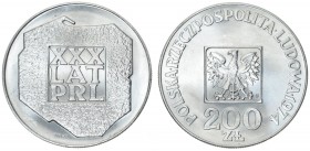 Poland 200 Zlotych 1974MW 30th Anniversary - Polish Peoples Republic. Averse: Eagle with wings open within square with value below. Reverse: XXX LAT P...