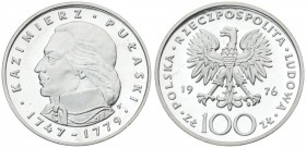 Poland 100 Zlotych 1976MW Kazimierz Pulaski. Averse: Imperial eagle above value. Reverse: Head of Kazimierz Pulaski left. Silver. Y 84