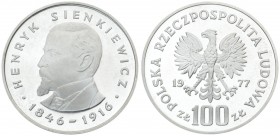 Poland 100 Zlotych 1977MW Henryk Sienkiewicz. Averse: Imperial eagle above value. Reverse: Henryk Sienkiewicz; Writer; left. Silver. Y 88