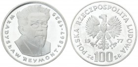 Poland 100 Zlotych 1977MW Wladyslaw Reymont. Averse: Imperial eagle above value. Reverse: Head of Wladyslaw Reymont 1/4 right. Silver. Y 89