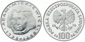 Poland 100 Zlotych 1978MW Adam Mickiewicz. Averse: Imperial eagle above value. Reverse: Bust of Adam Mickiewicz facing. Silver. Y 92