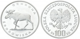 Poland 100 Zlotych 1978MW Moose. Averse: Imperial eagle above value. Reverse: Moose heading left. Silver. Y 93