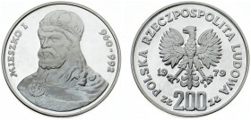 Poland 200 Zlotych 1979MW Duke Mieszko I. Averse: Imperial eagle above value. Reverse: Uniformed bust of Duke Mieszko I 1/4 left. Silver. Y 101