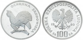Poland 100 Zlotych 1980MW Cappercaillie. Averse: Imperial eagle above value. Reverse: Cappercaillie. Silver. Y 121