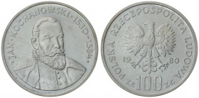 Poland 100 Zlotych 1980MW 450th Anniversary - Birth of Jan Kochanowski Poet. Averse: Imperial eagle above value. Reverse: Bust of Jan Kochanowski 1/4 ...