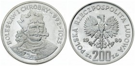 Poland 200 Zlotych 1980MW King Boleslaw I Chrobry. Averse: Imperial eagle above value. Reverse: King Boleslaw I Chrobry. Silver. Y 115