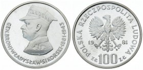 Poland 100 Zlotych 1981MW Broni Wladyslaw Sikorski. Averse: Imperial eagle above value. Reverse: General Broni Wladyslaw Sikorski left. Silver. Y 123