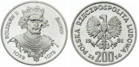 Poland 200 Zlotych 1981MW King Bolaslaw II Smialy. Averse: Imperial eagle above value. Reverse: King Bolaslaw II Smialy 3/4 facing. Silver. Y 125