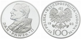 Poland 100 Zlotych 1982CHI Visit of Pope John Paul II. Averse: Imperial eagle above value. Reverse: Bust left. Silver. Y 136