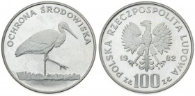 Poland 100 Zlotych 1982MW Stork. Averse: Imperial eagle above value. Reverse: White Stork walking right. Silver. Y 141