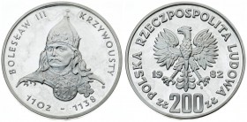 Poland 200 Zlotych 1982MW King Boleslaw III Krzywousty. Averse: Imperial eagle above value. Reverse: King Boleslaw III Krzywousty. Silver. Y 132