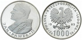 Poland 1000 Zlotych 1983 W Visit of Pope John Paul II. Averse: Imperial eagle above value. Reverse: Bust left. Silver. Y 144
