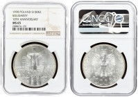 Poland 100 000 Zlotych 1990MW 10th Anniversary of Solidarity. Averse: Imperial eagle above value. Reverse: Solidarity monument with city view backgrou...