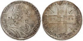 Russia 1 Rouble 1724 Moscow. Peter I (1699-1725). Averse: Laureate bust right. Reverse: Sunburst in center divides date in cruciform with 4 crowns mon...