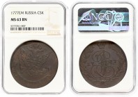 Russia 5 Kopecks 1777 ЕМ Ekaterinburg. Catherine II (1762-1796). Averse: Crowned monogram divides date within wreath. Reverse: Crowned double-headed e...