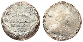 Russia 1 Grivennik 1787 СПБ St. Petersburg. Catherine II(1762-1796). Averse: Old bust. Ruler: Catherine II. Edge cordlike leftwards. Silver. Bit. 504...