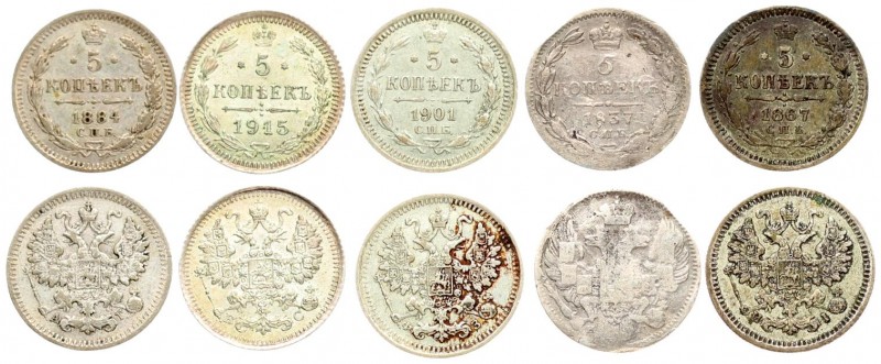 Russia 5 Kopecks 1837 & 1867 & 1884 & 1901 & 1915 St. Petersburg. Averse: Crowne...