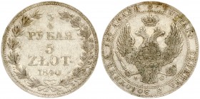 Russia For Poland 3/4 Roubles 5 Zlotych 1840 MW Warsaw Nicholas I (1826-1855). Averse: Shield within wreath on breast 3 shields on wings. Reverse: Val...