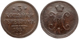 Russia 3 Kopecks 1841 EМ Ekaterinburg Mint. Nicholas I (1826-1855). Averse: Crowned double headed imperial eagle. Reverse: Value. Edge plain. Copper. ...
