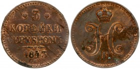 Russia 3 Kopecks 1843 СПМ Izhora Mint. Nicholas I (1826-1855). Averse: Crowned double headed imperial eagle. Reverse: Value. Edge plain. Copper. Bitki...