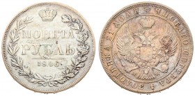 Russia 1 Rouble 1846 MW Warsaw mint. Nicholas I (1826-1855). Av.: Two-headed Russian eagle under the tsar's crown with a small shield with the Polish ...