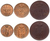 Russia 1 Denezhka 1853 ЕМ & 1 Kopeck 1853 EM & For Finland 1 Penni 1900. Averse: Crowned monogram. Reverse: Crown above value and date. Edge plain. Co...
