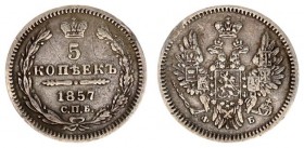 Russia 5 kopecks 1857 СПБ ФБ Rare Alexander II (1855-1881) Av: Crowned double imperial eagle Rv: Crown above value and date within wreath Silver. Edge...