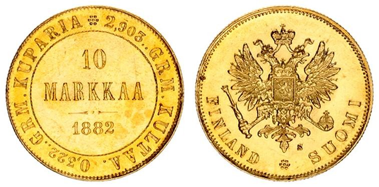 Russia for Finland 10 Markkaa 1882 S Alexander III (1881-1894). Averse: Crowned ...