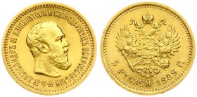 Russia 5 Roubles 1889 АГ St. Petersburg. Alexander III (1881-1894). Averse: Head right. Reverse: Crowned double imperial eagle ribbons on crown. Gold....