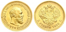 Russia 5 Roubles 1890 АГ St. Petersburg. Alexander III (1881-1894). Averse: Head right. Reverse: Crowned double imperial eagle ribbons on crown. Gold....