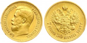 Russia 7.5 Roubles 1897 АГ St. Petersburg. Nicholas II (1894-1917). Averse: Head left. Reverse: Crowned double-headed imperial eagle ribbons on crown....