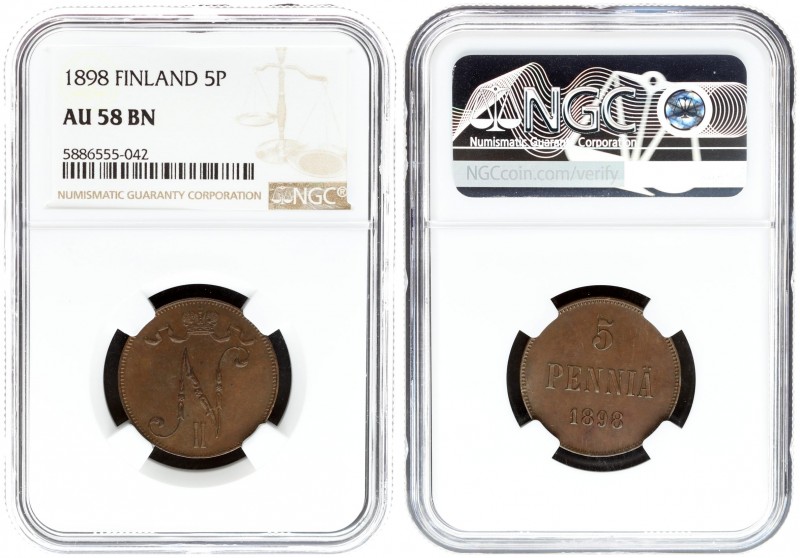 Russia For Finland 5 Pennia 1898 Nicholas II (1894-1917). Averse: Crowned monogr...