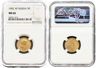 Russia 5 Roubles 1902 (АР) St. Petersburg. Nicholas II (1894-1917). Averse: Head left. Reverse: Crowned double imperial eagle ribbons on crown. Gold. ...