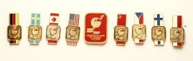 Russia USSR Set (1986) of 9 Souvenir Pins 'Ice Hockey World Championship Moscow-86'. Aluminum. Paint. With Pack. Weight approx: 56.01 g. Diameter: 36x...