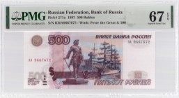 Russia 500 Roubles 1997 Banknote. Russian Federation Bank of Russia. Pick#271a. S/N KHA9667672 - Wmk: Peter the Great & 500. PMG 67 Superb Gem Unc EPQ...