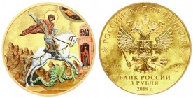 Russia 3 Roubles 2018 Saint George the Victorious(Colorized Outside mint Gilt). Averse: The relief image of the State Coat of Arms of the Russian Fede...